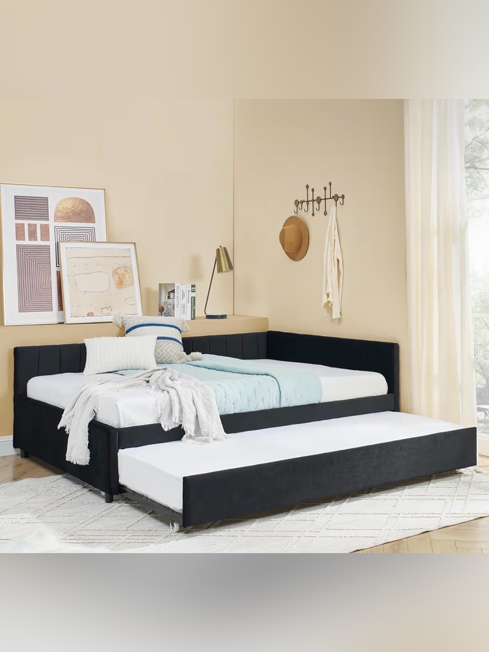 Miusol Black Upholstered Daybed with Pull-Out Trundle